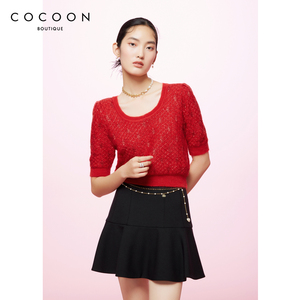 COCOON商场同款2023春夏新款大U领型珠片纱网五分泡泡袖针织衫女