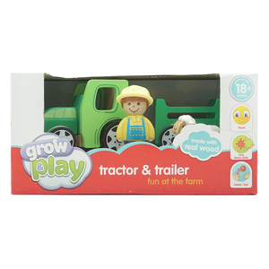 grow play 婴幼儿童玩具木质拖拉机车带挂车农场农民羊玩偶过家家
