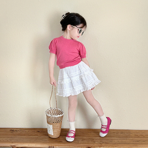夏季新款女童甜美针织泡泡袖上衣可爱蓬蓬蛋糕裙韩系夏装洋气半裙