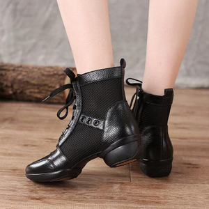 春秋真皮舞蹈鞋女短靴广场舞靴网面跳舞鞋软底