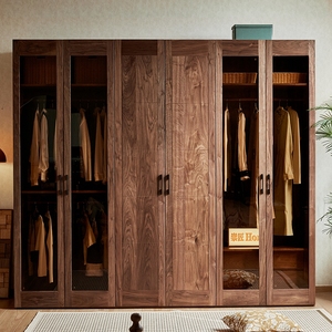 全实木衣柜黑胡桃木现代简约移门开门玻璃门北美原木组合衣橱定制