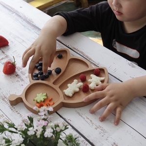 一鸿榉木创意儿童分格纯手工宝宝木盘可爱卡通实木餐具 买满包邮