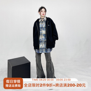 巴黎家欧美嘻哈复古假两件衬衫连帽卫衣男女oversize拉链款外套春