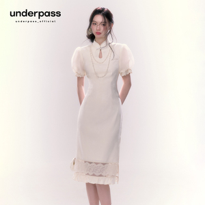 Underpass原创设计白色新中式大小姐泡泡袖显瘦气质旗袍连衣裙子