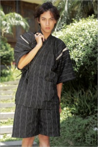 日式和服男士甚平睡衣浴衣家居服套装桑拿汉蒸短袖短裤套装棉条纹