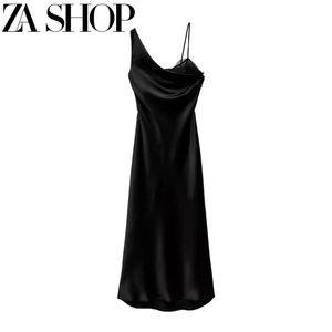ZA冬季女装不对称肩带长裙蕾丝装饰丝缎质感内衣式连衣裙 8686899