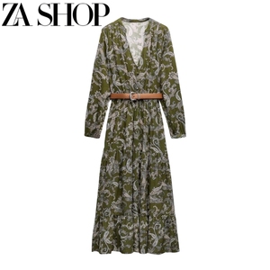 ZA 新款女装V领长袖收腰长裙配腰带佩斯利印花迷笛连衣裙 2298059
