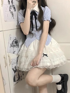 日系少女JK收腰蓝色条纹衬衫学院风白色蛋糕蓬蓬裙套装收腰显瘦夏