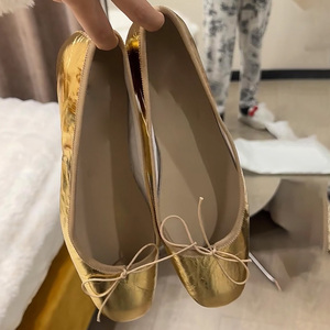 蝴蝶结法式芭蕾舞平底鞋女2024夏季新款圆头金色单鞋复古软底瓢鞋