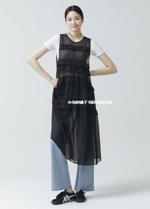 AJ44韩国夏款混搭精致无袖背心连衣裙薄透款黑色长裙