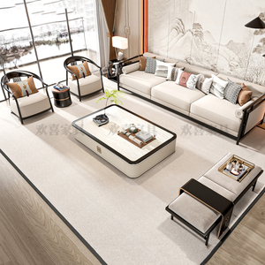 新中式实木客厅沙发组合现代中式皮艺轻奢别墅样板房白蜡木家具