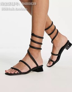 英国正品ALDO Spinna黑色缠绕式裹腿露趾低跟罗马鞋凉鞋日常夏季
