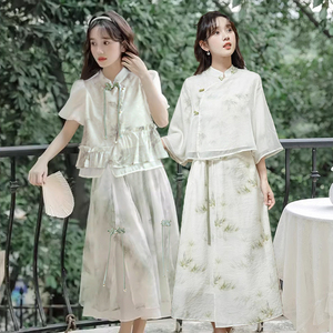 新中式民国风改良汉服元素日常套装闺蜜夏盘扣女学生小个子连衣裙