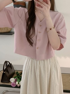 短袖西装外套女夏季薄款粉色v领小个子大码法式名媛高级感上衣