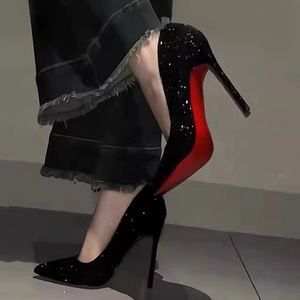 Rsemnia黑色红底高跟鞋女春季新款细跟亮片尖头性感职业通勤单鞋