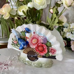 陶瓷lolita洛丽塔风格蓝凤喜鹊扇形花瓶古典花边装饰摆件可装水