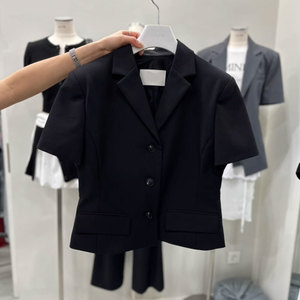 韩国东大门夏季复古短款黑色小西装外套女气质短袖显瘦薄款小西服