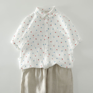 夏季新款甜美彩色小蘑菇印花纯棉双层纱短袖衬衫女小清新碎花衬衣