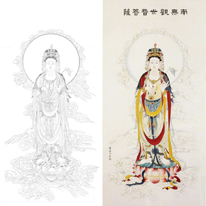 工笔画观音菩萨神仙佛像熟宣纸白描底稿可直接上色竖幅线描打印稿