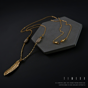 TIMEXX原创设计 珍珠羽毛小众手作造型长款细项链 混搭毛衣链情侣
