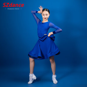 SZ舞蹈【清仓不退换】蓝色蕾丝拼接少儿拉丁赛服比赛考级表演服