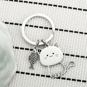 新款不锈钢日系猫咪吃鱼不锈钢钥匙扣可爱卡通猫猫挂饰情侣钥匙链