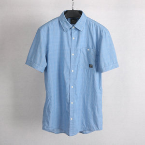 外贸夏季纯棉水洗水蓝细纹千鸟格男式翻领短袖衬衫薄款微修身衬衣