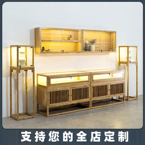 新中式珠宝展示柜实木玻璃壁柜玉器翡翠茶叶展柜银首饰品中岛柜台