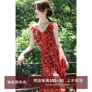 梅子熟了【塞西莉亚】夏季气质女神范复古红印花无袖荷叶边连衣裙