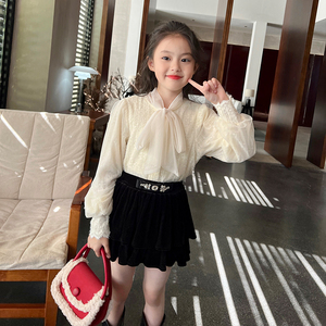 栀了成长记童装女童韩版加绒衬衫冬装儿童宝宝蕾丝提花长袖衬衣