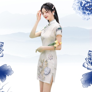 中国风文艺优雅短款少女连衣裙2024新款苏州仿真丝改良小个子旗袍