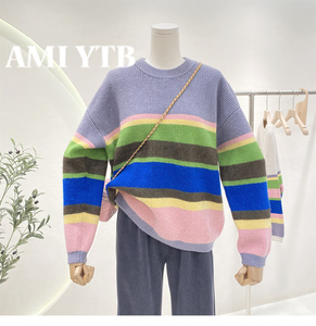 AMI YTB韩国代购毛衣女~秋冬季高级感拼色彩虹条纹宽松套头针织衫
