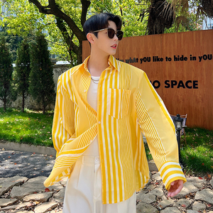 夏季新款衬衫男长袖个性明黄色条纹休闲宽松防晒上衣垫肩韩版衬衣
