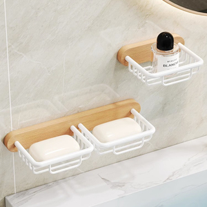 免打孔实木肥皂盒浴室置物架白色卫生间榉木皂碟壁挂式沥水香皂盒