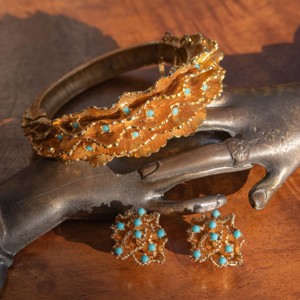 收藏级熔岩珊瑚仿绿松石套装 手镯耳夹 LotusaVintage古董首饰