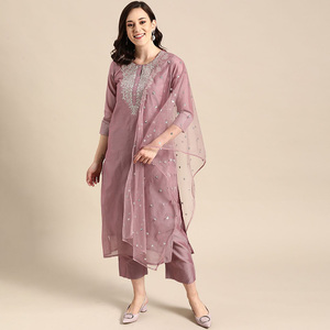 野人小饰 印度进口服饰女丝绵3件套刺绣民族风中长款双层紫色
