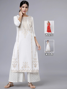 印度进口女装民族风烫金印花棉质传统2件套长款圆领简约素雅