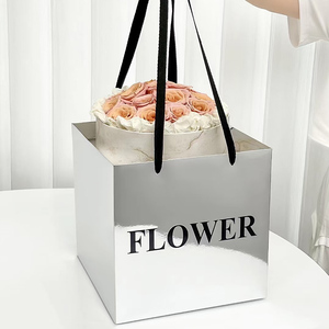 网红镜面手提袋鲜花纸袋高级情人节礼品袋正方形蛋糕店花束包装袋