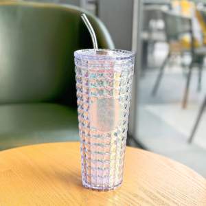 星巴克杯子周年海洋璀璨流光双饮口塑料大容量桌面双层吸管杯水杯