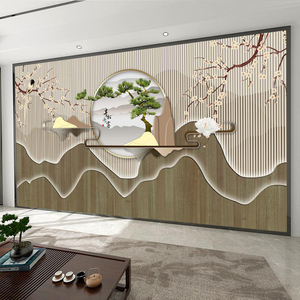 3d新中式现代轻奢电视背景墙壁纸客厅茶室饭店办公室墙纸壁画墙布