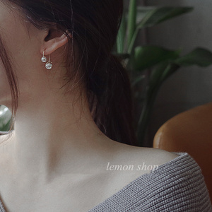 韩国代购高级设计感14K包金拉花珍珠双面后挂式耳环优雅耳钩饰品