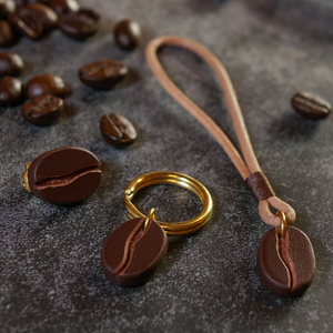 屿山创意钥匙扣咖啡豆原创钥匙挂饰头层牛皮黄铜手工皮具挂件优质