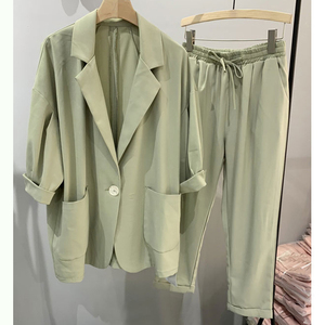 韩版2022春季新款薄款雪纺小西装外套九分裤两件套装休闲女装时尚
