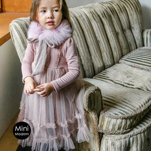 韩国进口春秋冬女童舒适加绒加厚长袖公主裙蛋糕裙连衣裙丝带围脖