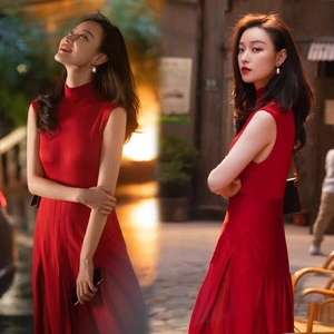 高定流金岁月倪妮同款红色半高领无袖连衣裙女长裙气质修身礼服裙