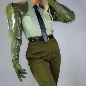 披肩手套  宽松  皮衣皮夹克短上衣连衣连体漆皮革橄榄绿色军绿色
