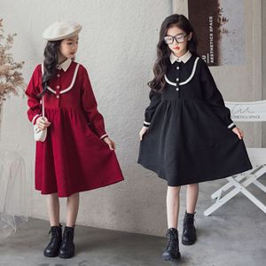 韩版女童连衣裙秋冬洋气儿童长袖宽松黑色红色翻领公主裙子中大童