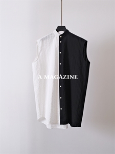 【A】FF高级成衣 定制暗纹肌理条纹棉 经典黑白撞色 无袖宽松衬衫