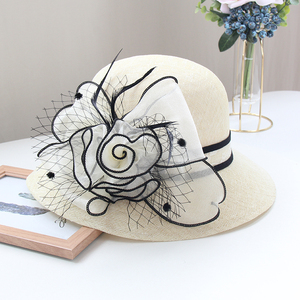 帽子女夏季薄款优雅花朵圆顶短沿渔夫帽黑白小香风出游防晒遮阳帽