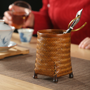 大漆竹编茶道六君子茶筒收纳筒竹茶具配件茶夹茶勺茶滤茶则茶铲笔